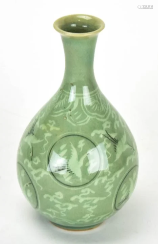 Chinese Green Glaze Crane Motif Signed Vase