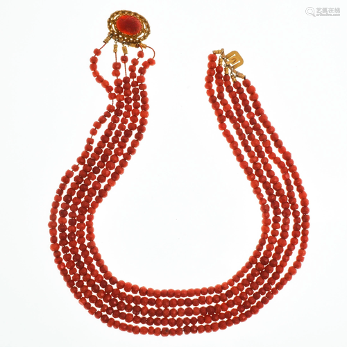 A Five Strand Red Coral Necklace