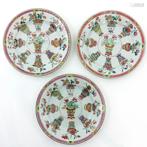 Three Chinese Famille Rose Plates