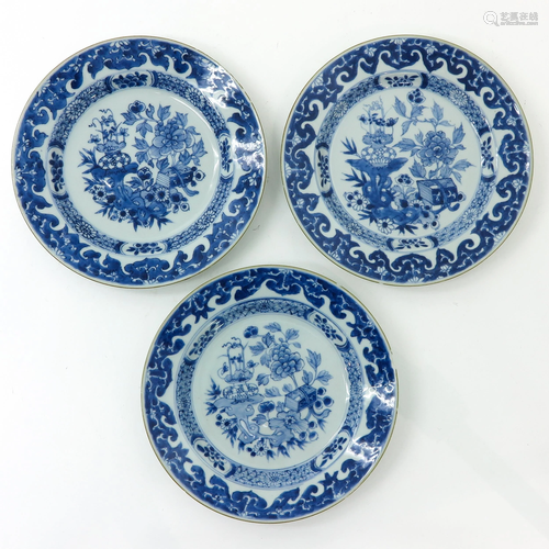 A Series of Three Blue and White Plates