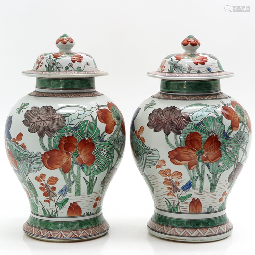 A Pair Polychrome Decor Ginger Jars