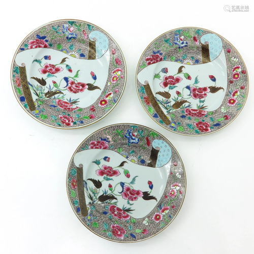 Three Famille Rose Scroll Plates