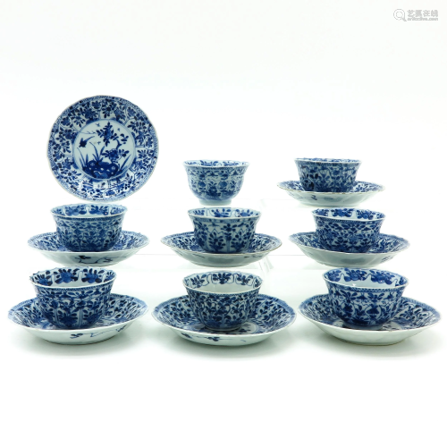 Eight Chinese Blue and White Cups and Saucers