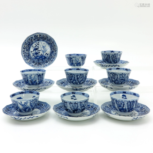 Eight Chinese Blue and White Cups and Saucers
