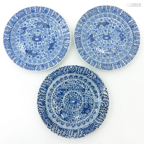 Three Chinese Blue and White Plates