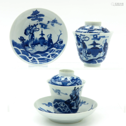 Two Chinese Covered Cups and Saucers