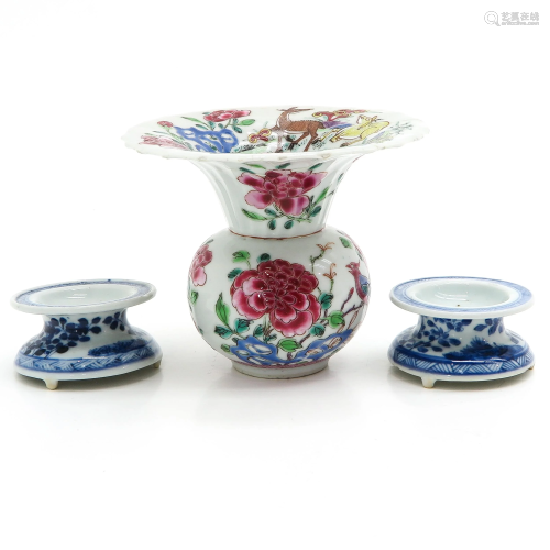 A Famille Rose Spittoon and Salt Cellars