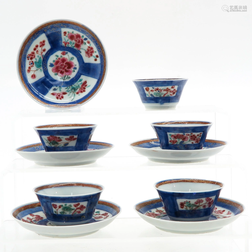 Five Famille Rose Cups and Saucers