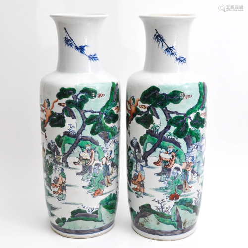 A Pair of Famille Verte Rouleau Vases