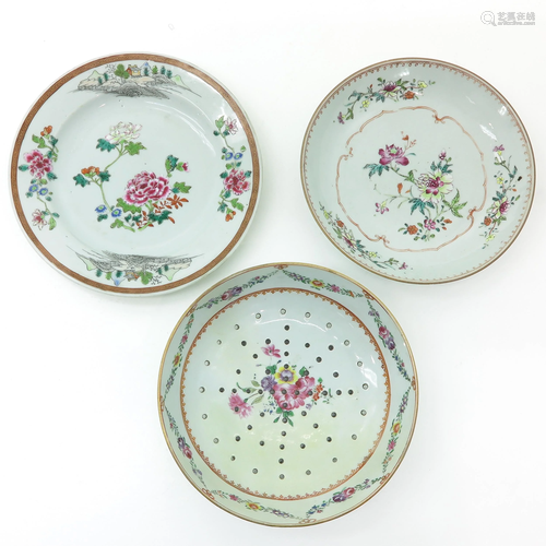 Three Chinese Famille Rose Plates