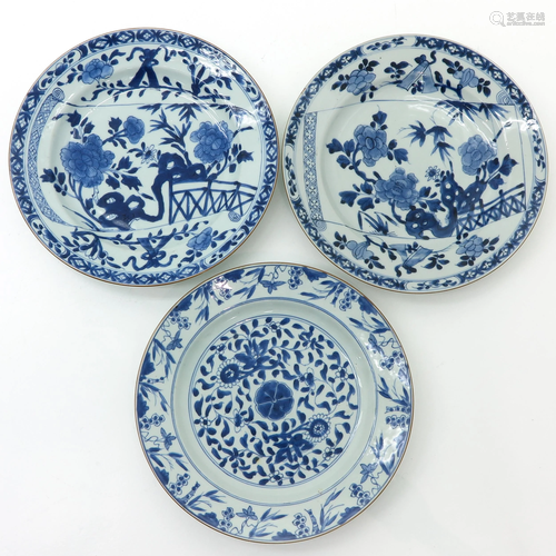 Three Chinese Blue and White Plates