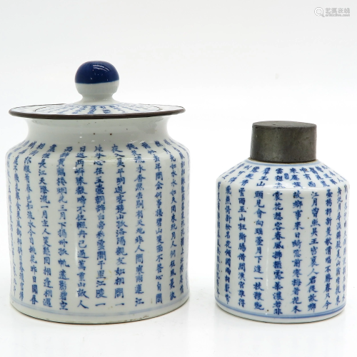 A Blue and White Jar and Tea Caddy