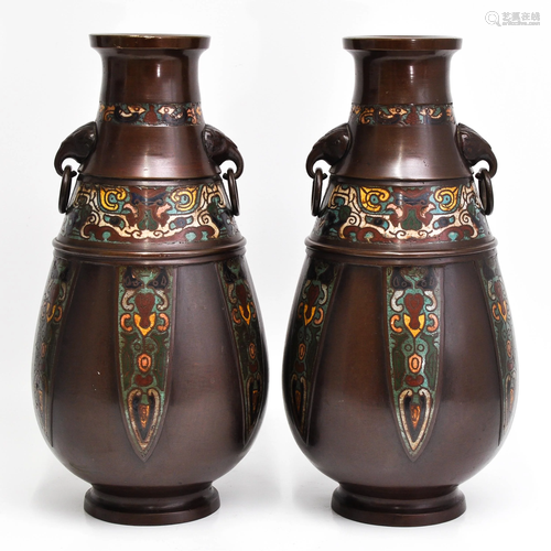 A Pair of Bronze Cloisonne Vases