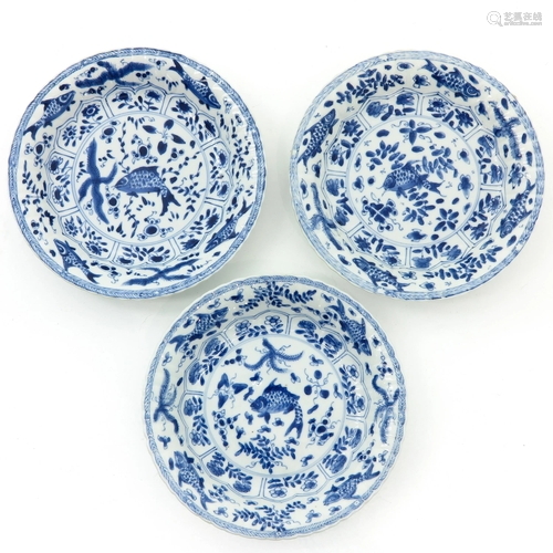 A Series of Three Blue and White Plates