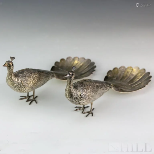 Pair Sterling Silver Peacock Bird Figural Statues