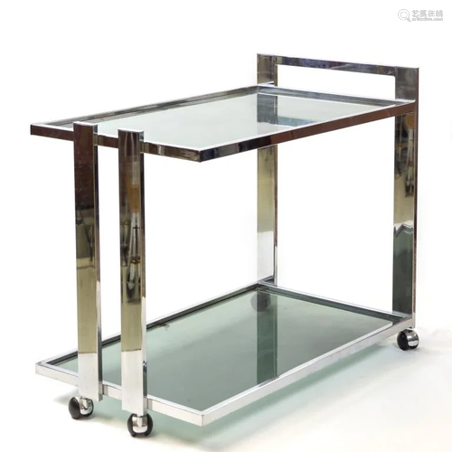 MCM Modernist Chrome Glass Rolling Bar Cart Table