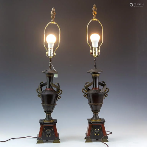 Antique Pair Egyptian Revival Black Marble Lamps