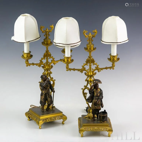 Pair French Gilt Bronze Asian Style Figural Lamps