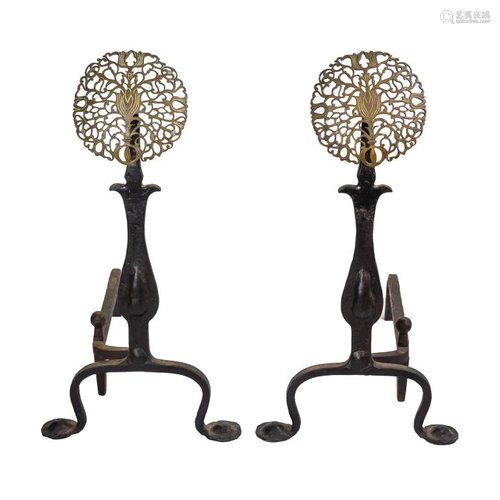 Pair Brass & Wrought Iron Arts & Crafts Andirons