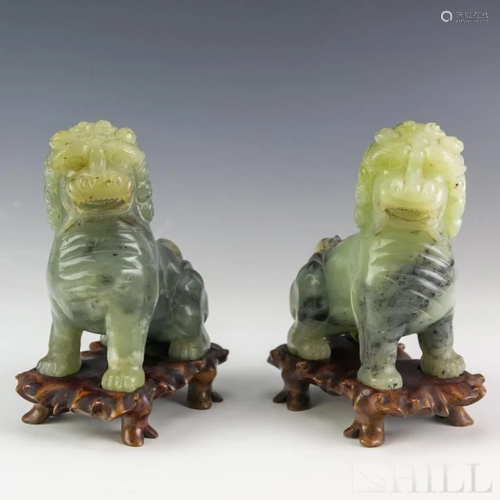 Pair Chinese Carved Celadon Jade Foo Dog Statues