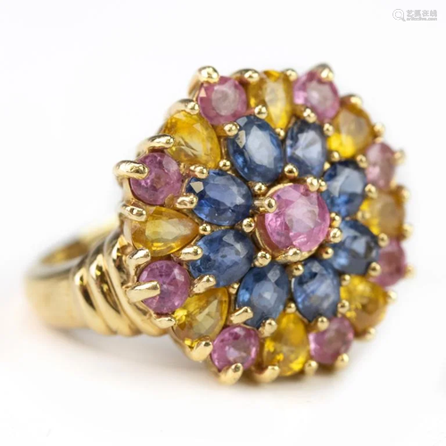 Designer 18k Gold Blue Yellow & Pink Sapphire Ring