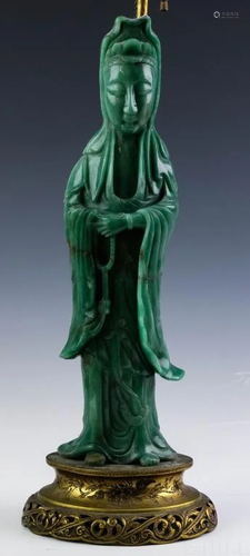 Chinese Carved Green Hard Stone Figural Lamp