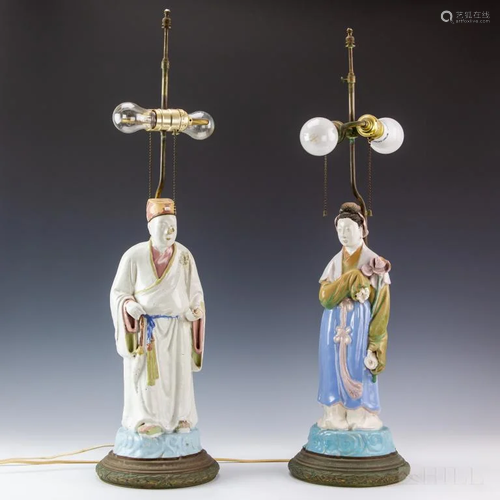 Pair Chinese Republic Era Ancestral Figural Lamps