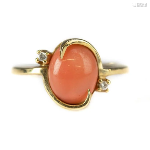 18k Gold Angel Skin Coral And Diamond Ladies Ring