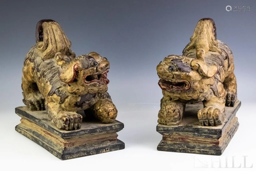 Pair Old Chinese Carved Wood Foo Dog Sculptures