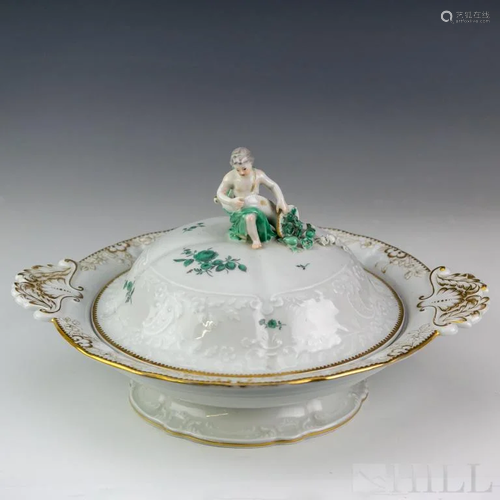 Meissen Figural Lid Green Floral Porcelain Tureen