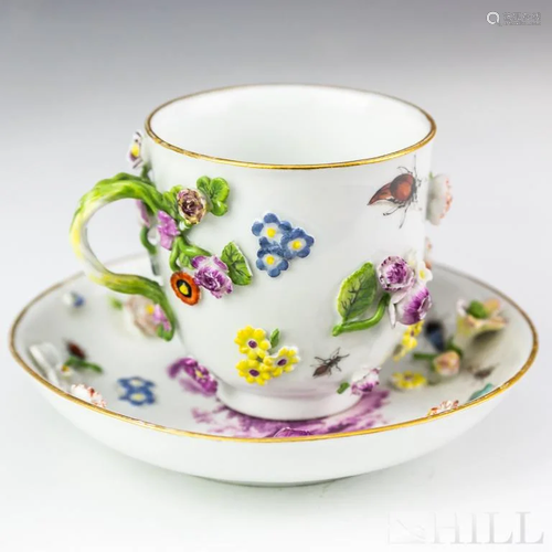 Antique Meissen Floral Encrusted Teacup Saucer Set