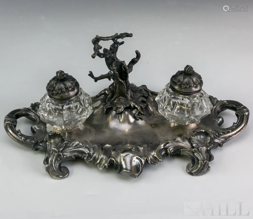 Antique English Silverplate Double Desk Inkwell