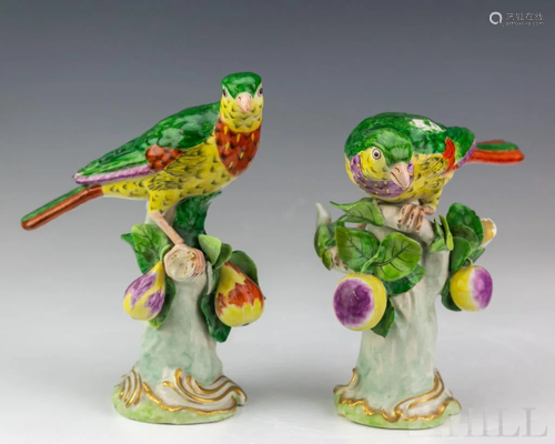 Pr Antique Dresden Porcelain Parrot Bird Figurines