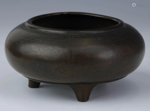 Antique Chinese Silver Inlaid Bronze Tripod Censer