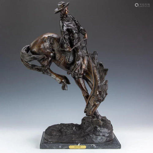 after Remington Bronze Outlaw Statue Cowboy Horse