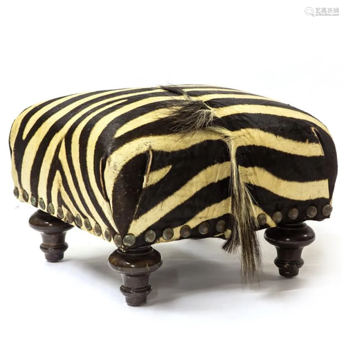 Antique Victorian Era Zebra Hide Covered Footstool