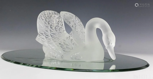 Lalique Crystal Art Glass Swan & Mirror Cygnes