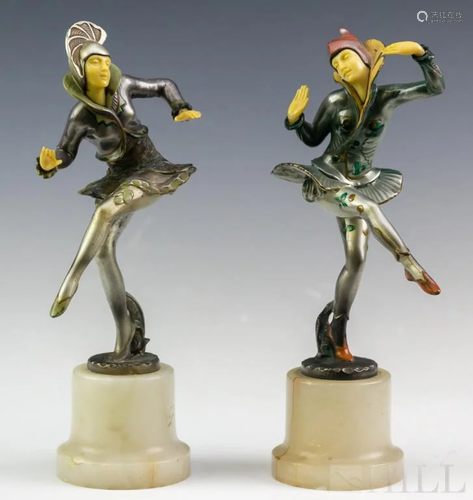 Pair Vintage Cast Metal & Enamel Harlequin Dancers