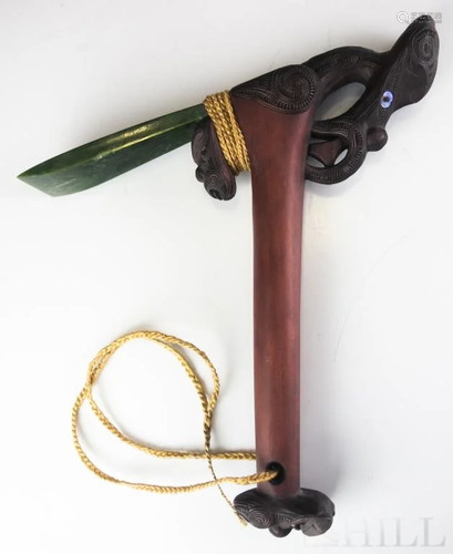 Maori Hand Carved Adze w Greenstone Jade Blade