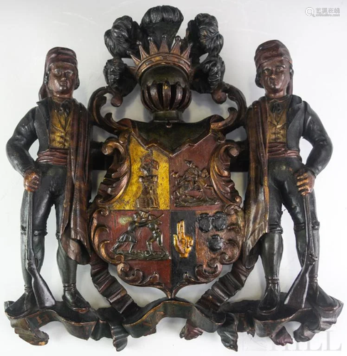 Antique 18c Spanish Carved Wood Coat of Arms