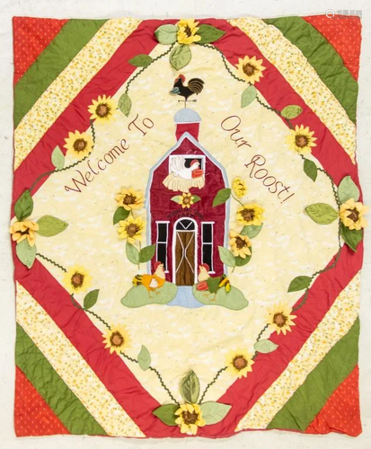 Vintage Folk Art Crazy Floral Chicken Farm Quilt