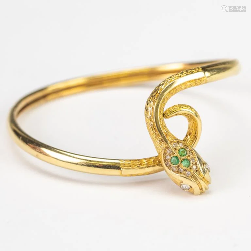 VTG 14k Diamond & Emerald Snake Bangle Bracelet