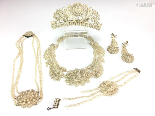 19C Seed Pearl Parure Suite Necklace Earring Tiara