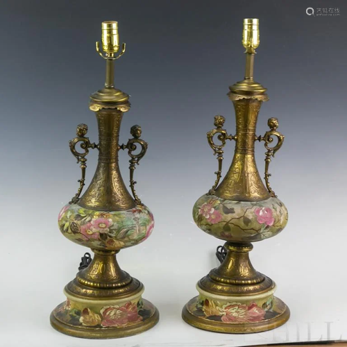 Pair Antique Royal Bonn Tapestry Mounted Lamps