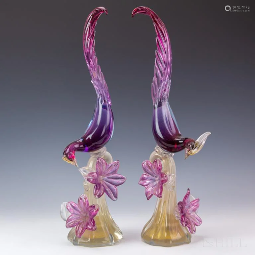 Pair Vintage Murano Pink Bird Art Glass Sculptures