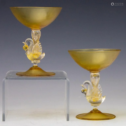 Pr Venetian Murano Gold Flecked Swan Wine Glasses