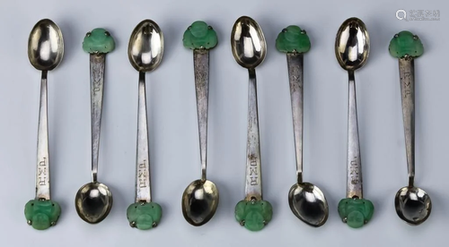 Chinese Silver Green Jade Buddha Demitasse Spoons