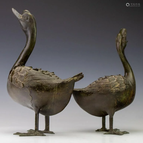 Pair Antique Chinese Bronze Duck Bird Sculptures