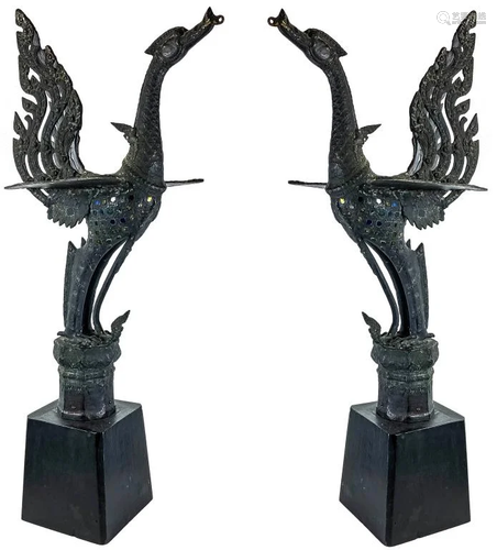 Pair of Jeweled Bronze Thai Temple Birds Statues