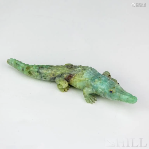 Green Gemstone Alligator Figurine w 18k Sapp…